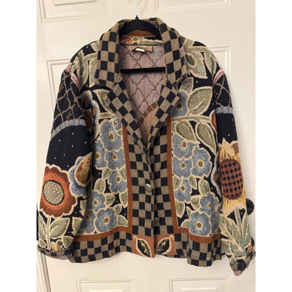 Painted Pony Vintage Tapestry Jacket Sunflower Floral Woven Blazer XL Made in TX